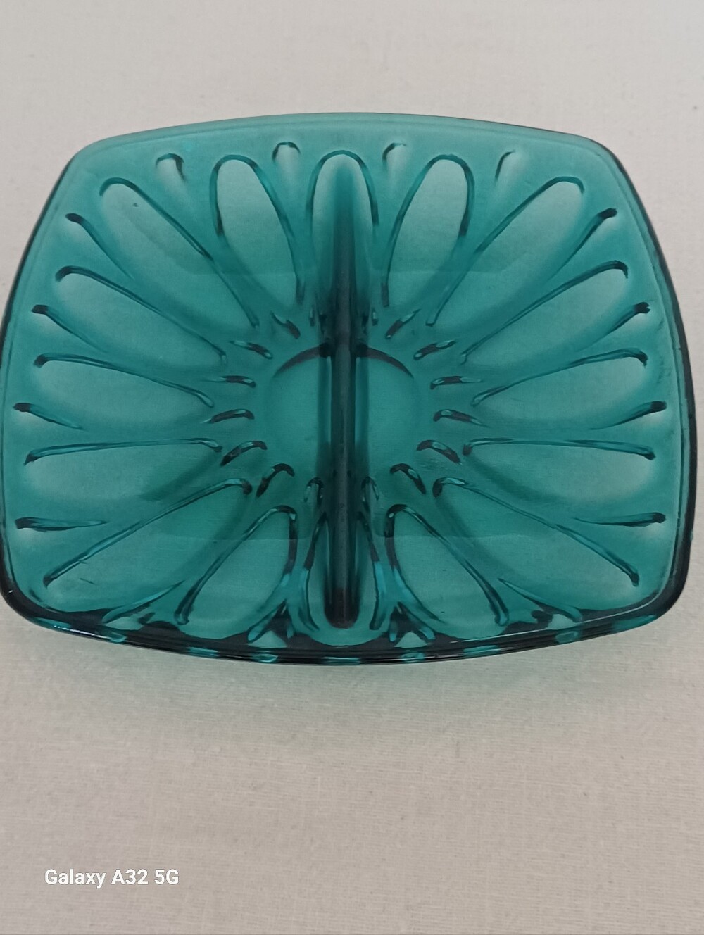 MCM 1960's Teal Blue Square Divided Candy/trinket Dish Wuth Petal Design 7 X 7.